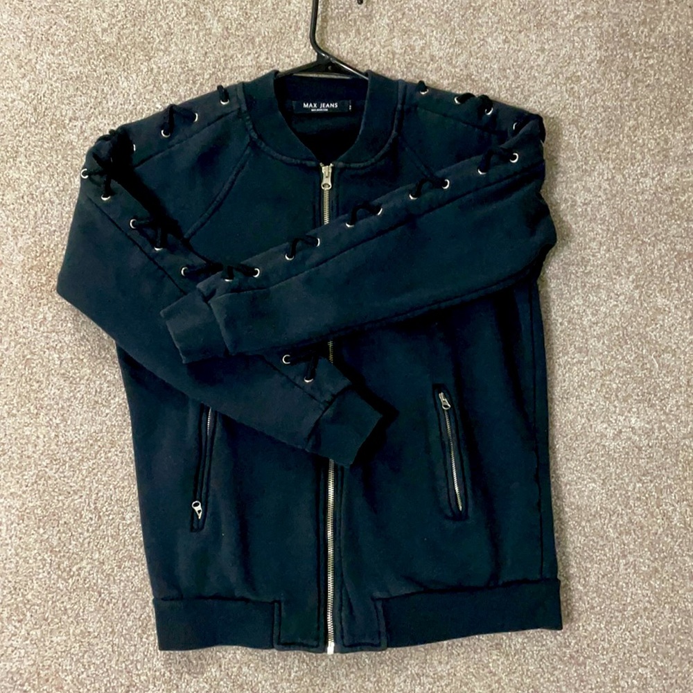 Max jeans zipup jacket with cross ties down sleeve